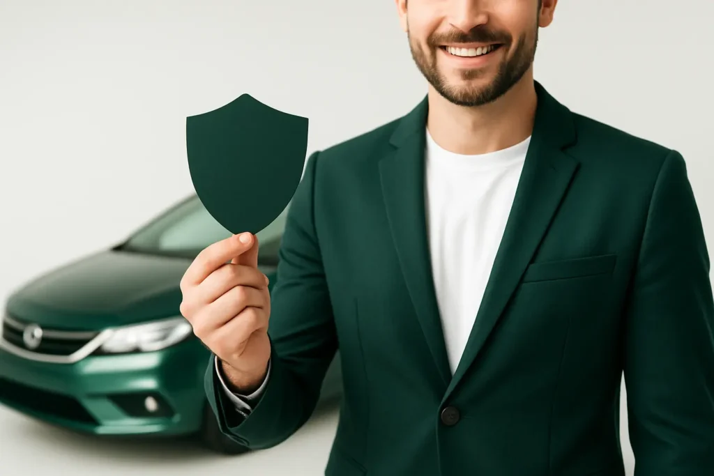 Hombre contento por contratar un seguro para autos